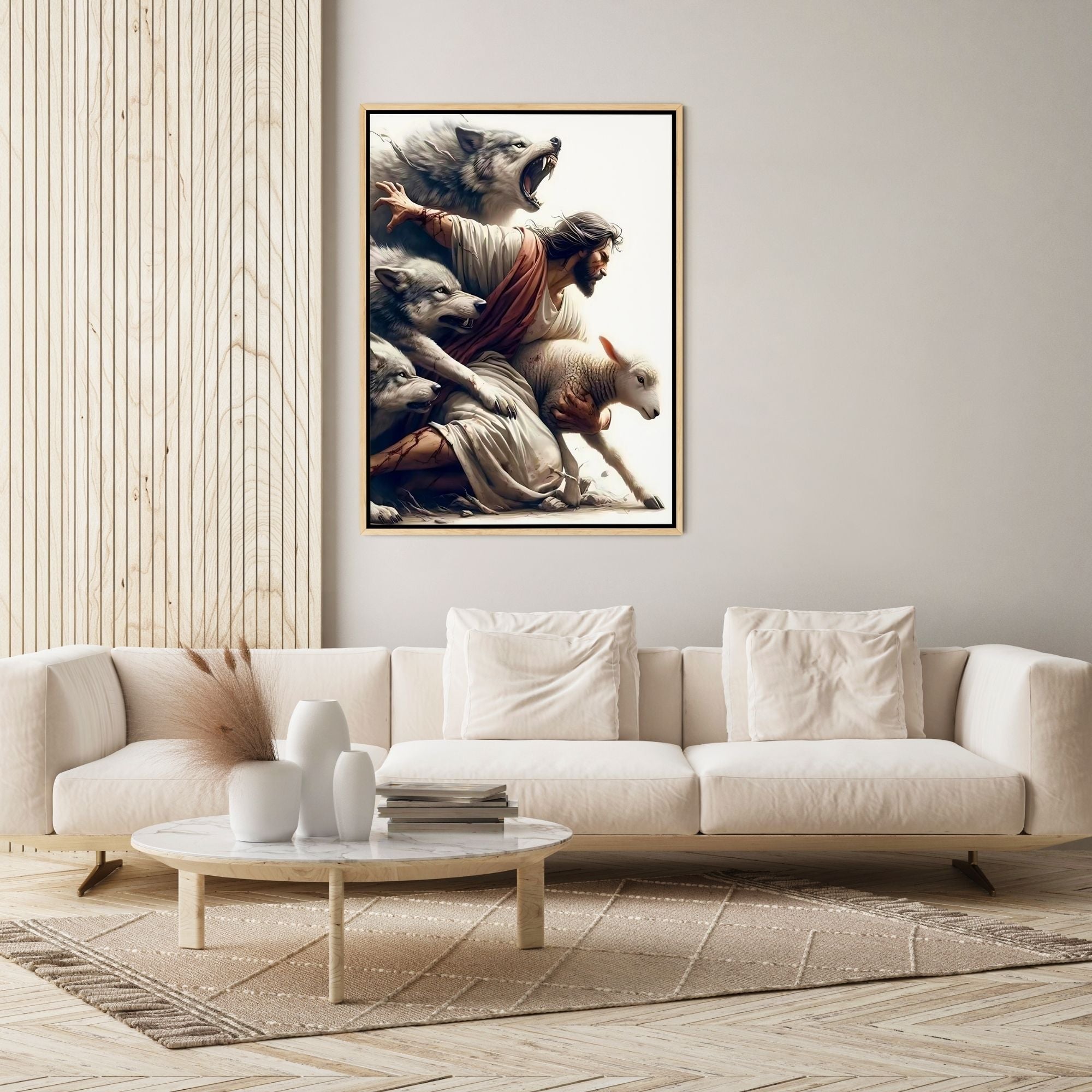 Jesus Protecting Lamb from Wolves - Canvas
